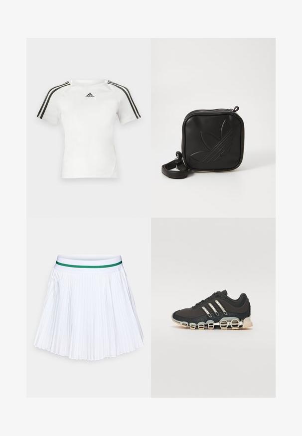 White short-sleeve athletic shirt with black three-stripe design on shoulders, smooth texture, and a small black adidas logo on the chest.; White pleated skirt with a solid green elastic waistband. Features sharp, evenly spaced folds, creating a light, airy texture.; Black athletic shoe with a textured upper, three silver stripes, and a distinctive cushioning sole featuring multiple integrated sections.; Black square crossbody bag made of textured synthetic material. Features an embossed logo design and adjustable strap. Zipper closure.