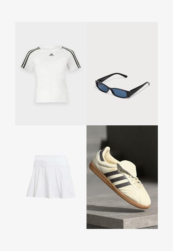 Bijela atletska majica kratkih rukava s crnim trostrukim dizajnom na ramenima, glatke teksture i malim crnim adidas logom na prsima.; Bijela atletska suknja s uskim strukom i lepršavim donjim dijelom. Izrađena od lagane, prozračne tkanine s glatkom teksturom.; Kremaste kožne tenisice s tri tamne pruge, smešnim gumiranim potplatom i zaobljenim vrhom. Imaju preklopni jezik označen s "SAMBA."; Crne sunčane naočale s elegantnim pravokutnim okvirom i plavim lećama. Imaju glatku teksturu i čvrste uške. Logotip branda sa strane.