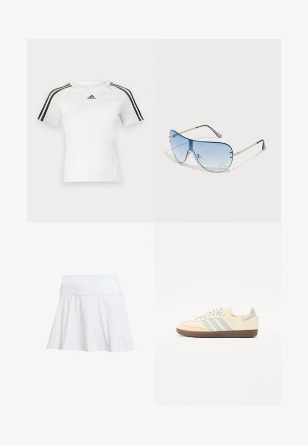 Camiseta atlética de manga corta blanca con diseño de tres rayas negras en los hombros, textura suave y un pequeño logo de adidas en negro en el pecho.; Falda atlética blanca con una cintura ajustada y un fondo acampanado. Confeccionada con una tela ligera y transpirable de textura suave.; Zapatillas con upper de cuero crema, rayas azul claro y acentos en melocotón. Presenta una suela de goma marrón texturizada y un diseño minimalista.; Gafas de sol tipo aviador con lentes azul degradado, montura de metal plateado y acentos decorativos de estrellas en los lentes. Diseño suave y elegante.