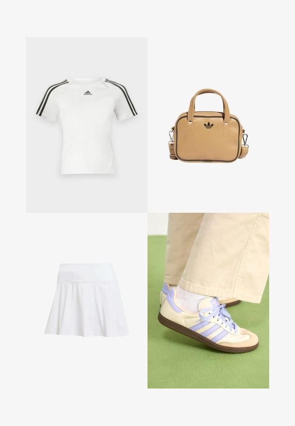 Valkoinen lyhythihainen urheilupaita, jossa musta kolmi-nauha design olkapäillä, sileä pinta ja pieni musta adidas-logo rinnassa.; Valkoinen urheiluhame, jossa on tiukka vyötärö ja levenevä helma. Valmistettu kevyestä, hengittävästä kankaasta, jossa on sileä pinta.; Kermasilta ja laventelilta näyttävät lenkkarit kolmella raidalla ja teksturoidulla ruskealla pohjalla, varustettuna nauhoilla ja pehmustetulla kantapäällä. Pehmeä kangaspinta.; Beige nahka-tube laukku, jossa on kaksi kahvaa, irrotettava olkahihna, mustat korostusompeleet ja pieni musta logo edessä.