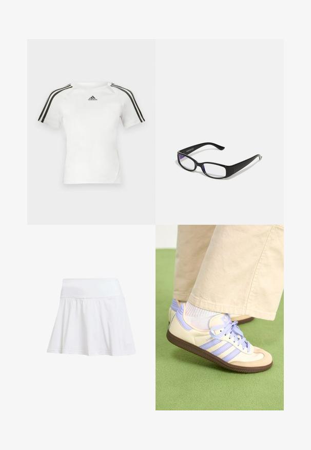 Valge lühikeste varrukatega sportlik särk, millel on must kolmerealine disain õlgadel, sile tekstuur ja väike must adidas'i logo rinnal.; Valge spordiseelik, millel on sobiv vöökoht ja laienev allosa. Valmistatud kergest, hingavast kangast, millel on sile tekstuur.; Kreemi ja lavendlivärvi tenniset, millel on kolm triipu ja tekstuuriga pruun tall, varustatud paelte ja pehmendatud kontsaga. Pehme kangast ülemine osa.; Mustad mustad prillid selgete läätsedega. Läikiv viimistlus, kitsad vars, ja läätsede servadel on nähtav lilla varjund.