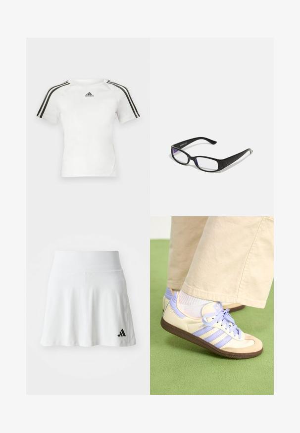 Bílý sportovní triko s krátkým rukávem, s černým třemi pruhy na ramenou, hladkou texturou a malým černým logem adidas na hrudi.; Bílá sportovní sukně s jemnou texturou, rozšířeným střihem a černým logem Adidas na dolním levém rohu. Hladký, elastický pas.; Krémové a levandulové tenisky se třemi pruhy a texturovanou hnědou podrážkou, vybavené tkaničkami a polstrovanou patou. Měkký textilní svršek.; Černé obdélníkové brýle s průhlednými čočkami. Lesklý povrch, úzké ramínka a fialový nádech viditelný na okrajích čoček.