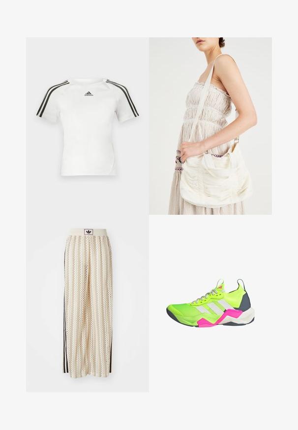 Bielo krátky rukáv športové tričko s čiernym trojpruhovým dizajnom na pleciach, hladká textúra a malé čierne logo adidas na hrudníku.; Béžové nohavice s širokými nohavicami a zigzagovými vzormi, s čiernym logom na páse a bočnými čiernymi pruhmi. Ľahká, textúrovaná látka.; Neón zelená športová obuv s šedými akcentmi, tromi bielymi pruhmi a ružovými detailmi. Má textúrovaný zvršok a polstrovanú podrážku.; Biela látková kabelka cez rameno so zhrnutou textúrou, nastaviteľným popruhom a striebornými detailmi. Zobrazená vedľa krémových šiat.