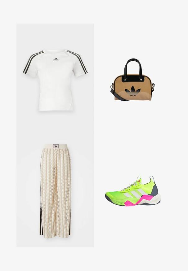 Valkoinen lyhythihainen urheilupaita, jossa musta kolmi-nauha design olkapäillä, sileä pinta ja pieni musta adidas-logo rinnassa.; Valkoiset leveälahkeiset housut, joissa on sahalaitakuvio, musta logovyötärö ja sivuilla mustat raidat. Kevyt, teksturoitu kangas.; Neonvihreät urheilukengät, joissa on harmaita yksityiskohtia, kolme valkoista raitaa ja vaaleanpunaisia yksityiskohtia. Kenkässä on teksturoitu päällinen ja pehmustettu pohja.; Vaaleanruskea käsilaukku mustilla kiiltävillä yksityiskohdilla, pyöreä muoto, kaksinkertaiset kahvat ja kohopainettu musta logo etupuolella.