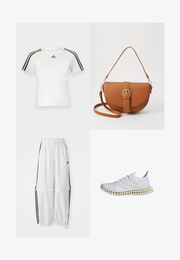 White short-sleeve athletic shirt with black three-stripe design on shoulders, smooth texture, and a small black adidas logo on the chest.; White athletic pants with a relaxed fit, elastic waistband, and black side stripes. Features zipper pockets and elastic cuffs at the ankles.; White athletic shoe with a textured, breathable mesh upper, featuring three white stripes and a distinctive lattice-style midsole.; Brown leather crossbody bag with a curved shape, gold hardware, and a buckle accent. Features a detachable shoulder strap.