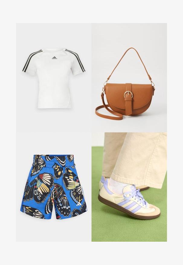 Vit kortärmad träningsskjorta med svart tre-stripes design på axlarna, slät textur och en liten svart adidas-logotyp på bröstet.; Blå shorts med en fjärilsdesign i svart, gult och rött. Elastisk midja och sidofickor, tillverkade i lättviktig tyg.; Krämfärgade och lavendelfärgade sneakers med tre ränder och en texturerad brun sula, med snören och en vadderad häl. Mjuk tygobero.; Brun läder crossbody-väska med en böjd form, gyllene detaljer och en spänneaccent. Har en avtagbar axelrem.