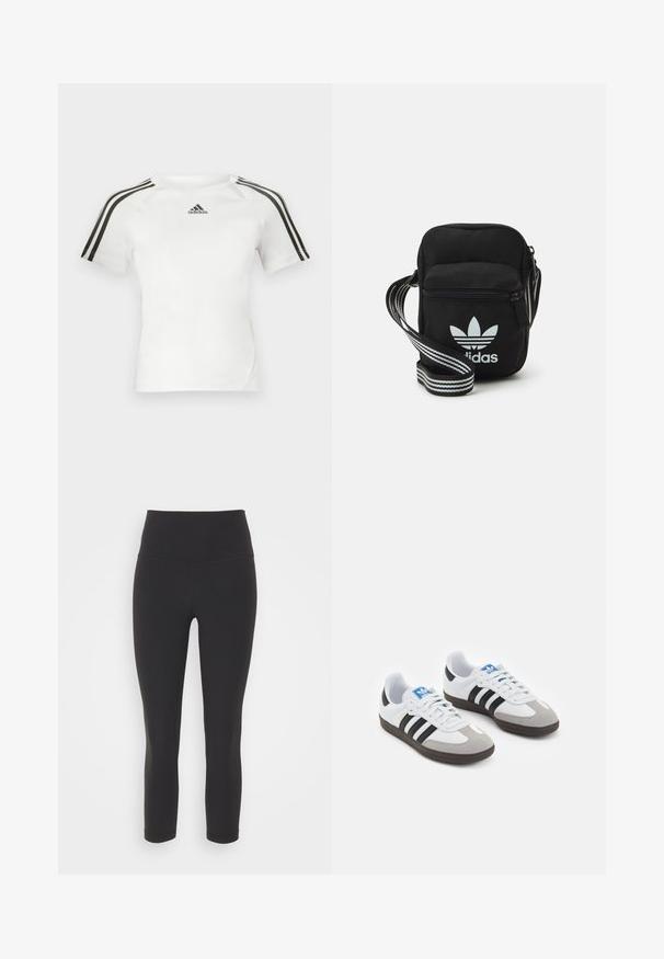 T-shirt de sport blanc à manches courtes avec un design à trois rayures noires sur les épaules, texture lisse et un petit logo adidas noir sur la poitrine.; Leggings noirs ajustés en tissu extensible, dotés d'une taille haute et d'une texture lisse et mate, sans motifs ni ornements.; Baskets avec une tige en cuir blanc, un bout en daim gris et trois bandes noires. Présente un logo bleu sur la languette et une semelle en caoutchouc texturée.; Sac bandoulière noir en tissu avec fermeture éclair, arborant un logo Adidas blanc et une sangle réglable rayée pour un port facile.
