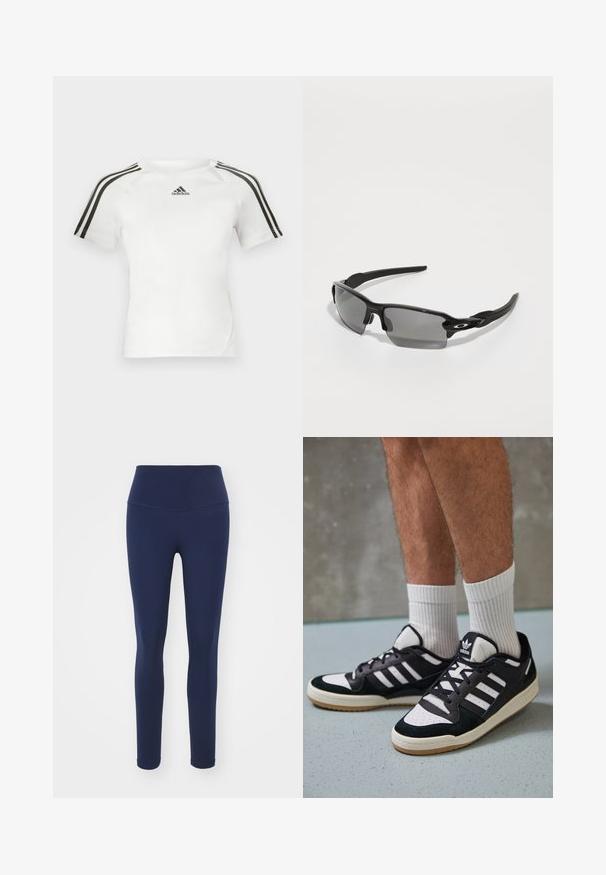 Weißes kurzärmliges Sportshirt mit schwarzem Dreistrich-Design auf den Schultern, glatter Textur und kleinem schwarzen adidas-Logo auf der Brust.; Marineblaue Leggings aus dehnbarem Stoff mit hohem Bund, entworfen für Komfort und eine figurbetonte Silhouette. Sanfte Textur, keine sichtbaren Muster.; Schwarz-weiße Sneaker mit einem Obermaterial aus Wildleder und Leder, ausgestattet mit drei weißen Streifen, einer perforierten Zehenpartie und einer Sohle aus Gummi.; Schwarze Sportsonnenbrille mit grauen Gläsern, geschwungenem Rahmendesign und Logodetail an der Seite. Hergestellt aus leichtem Kunststoffmaterial.
