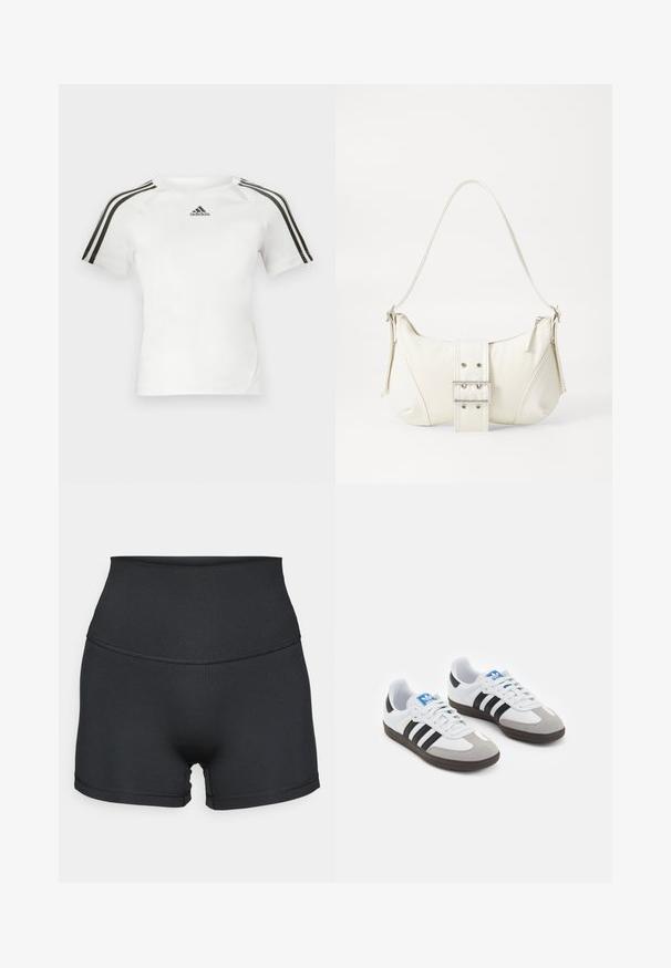 Valkoinen lyhythihainen urheilupaita, jossa musta kolmi-nauha design olkapäillä, sileä pinta ja pieni musta adidas-logo rinnassa.; Mustat korkeavyötäröiset shortsit, jotka on valmistettu sileistä kankaista. Ominaisuuksiin kuuluu saumatön muotoilu ja kapea ommel vyötärönauhan ja lahkeiden varrella.; Urheilukengät, joissa on valkoinen nahkainen päällinen, harmaa mokkanokka ja kolme mustaa raitaa. Ominaisuuksina sininen logo kielekkeessä ja kuvioitu kumipohja.; Valkoinen olkalaukku, jossa on teksturoitu pinta, keskeinen solkiyksityiskohta ja kaareva muoto. Vetoketjusulkimet kummallakin puolella.