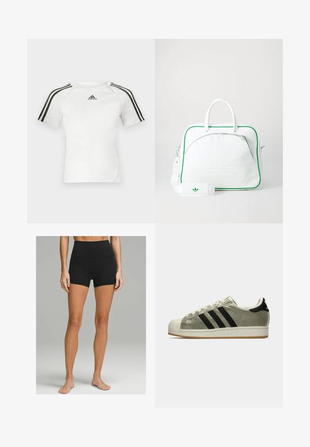 Witte sport shirt met korte mouwen, voorzien van een zwart driekleurig ontwerp op de schouders, een gladde textuur en een klein zwart adidas-logo op de borst.; Zwarte high-waisted shorts van rekbaar materiaal, met een gladde textuur, een aansluitend ontwerp en een lengte tot halverwege de bovenbenen. Geen zichtbare accenten.; Adidas sneakers met een metallic olijfkleurige bovenkant, drie zwarte strepen, rubberen neuskap en een gum outsole. Klassiek ontwerp met een gestructureerde stof.; Witte leren tas met groene accenten, voorzien van een opvallend reliëflogo, dubbele handvatten, een afneembare schouderriem en een ritsvak aan de voorkant.