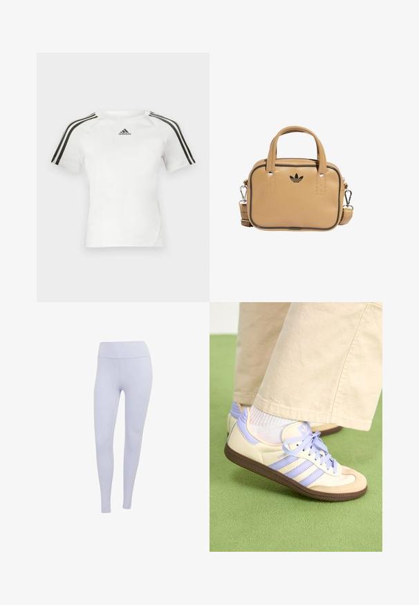 T-shirt de sport blanc à manches courtes avec un design à trois rayures noires sur les épaules, texture lisse et un petit logo adidas noir sur la poitrine.; Leggings violets clairs en tissu extensible. Conception taille haute avec une texture lisse et sans coutures ni motifs visibles.; Baskets crème et lavande avec trois bandes et une semelle marron texturée, dotées de lacets et d'un talon rembourré. Tige en tissu doux.; Sac en cuir végétalien tan avec deux poignées, sangle d'épaule détachable, couture accent noire et un petit logo noir sur le devant.