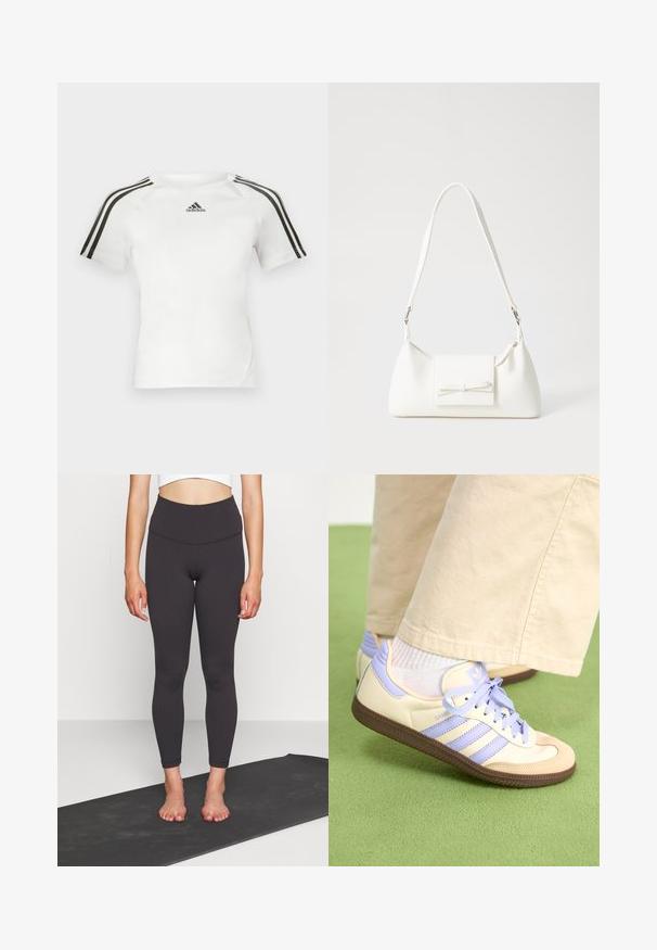 Bijela atletska majica kratkih rukava s crnim trostrukim dizajnom na ramenima, glatke teksture i malim crnim adidas logom na prsima.; Crne tajice viskog struka od glatkog, rastezljivog materijala s uskim krojem, koje se završavaju iznad gležnja. Kombinirajte ih s kratkim topom na jogi. ; Kremasto-ljubičaste tenisice s tri pruge i strukturiranim smeškim potplatom, s vezicama i podstavljenim petom. Mekana gornja tkanina.; Bijela sintetička torbica s trokutastim oblikom, ravnim prednjim poklopcem i detaljem u obliku mašne, podesivom remenom, glatkom teksturom i minimalističkim dizajnom.