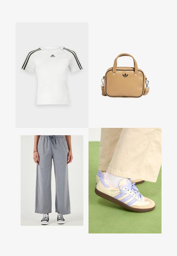 Valkoinen lyhythihainen urheilupaita, jossa musta kolmi-nauha design olkapäillä, sileä pinta ja pieni musta adidas-logo rinnassa.; Housut, joissa on leveät lahkeet, harmaata väriä ja naru vyötärö, sekä purkautuvat helmat, valmistettu kevyestä materiaalista. Yhdistetty mustavalkoisiin tennareihin.; Kermasilta ja laventelilta näyttävät lenkkarit kolmella raidalla ja teksturoidulla ruskealla pohjalla, varustettuna nauhoilla ja pehmustetulla kantapäällä. Pehmeä kangaspinta.; Beige nahka-tube laukku, jossa on kaksi kahvaa, irrotettava olkahihna, mustat korostusompeleet ja pieni musta logo edessä.