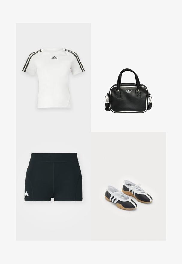 Weißes kurzärmliges Sportshirt mit schwarzem Dreistrich-Design auf den Schultern, glatter Textur und kleinem schwarzen adidas-Logo auf der Brust.; Schwarze Sportshorts aus elastischem Material, mit hohem Bund, taillierter Form und weißem Adidas-Logo auf der linken Seite.; Schwarz-weiße Sportschuhe mit einem eleganten Design, Gummisohle, Schnürverschluss und drei weißen Streifen an den Seiten.; Schwarze Lederhandtasche mit zwei kurzen Griffen, silbernem Zubehör, weißen Akzenten und einem weißen Logo. Verfügt über eine strukturierte Oberfläche und ein kompaktes Design.