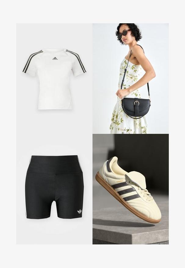 Bielo krátky rukáv športové tričko s čiernym trojpruhovým dizajnom na pleciach, hladká textúra a malé čierne logo adidas na hrudníku.; Čierne športové šortky z elastickej tkaniny s vysokým pásom. Obsahujú biele bočné pruhy a malé biele logo na leme.; Krémové kožené tenisky s tromi tmavými pruhmi, hnedou gumenou podrážkou a zaoblenou špičkou. Obsahujú prehýbací jazyk s označením "SAMBA."; Čierna kožená kabelka s zaobleným tvarom, odnímateľným popruhom a zlatými doplnkami. Kabelka má klopu s detailom s prackou.