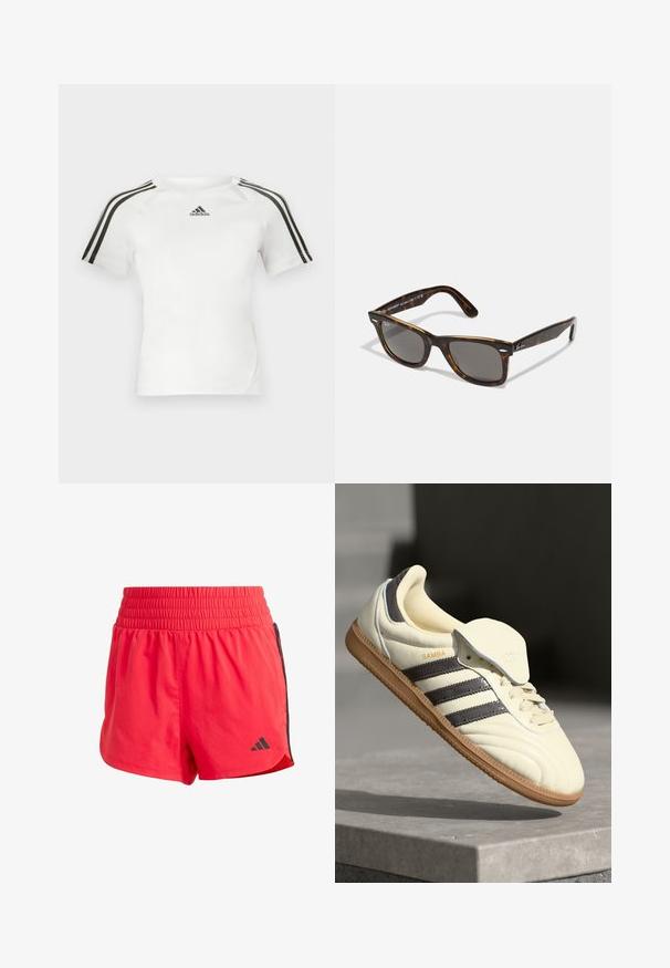 Bijela atletska majica kratkih rukava s crnim trostrukim dizajnom na ramenima, glatke teksture i malim crnim adidas logom na prsima.; Crvene atletske kratke hlače od laganog materijala, s elastičnom strukom, crnim bočnim detaljima i malim logotipom na donjoj lijevoj strani.; Kremaste kožne tenisice s tri tamne pruge, smešnim gumiranim potplatom i zaobljenim vrhom. Imaju preklopni jezik označen s "SAMBA."; Tortoiseshell sunčane naočale sivoj lećama i kvadratnim okvirom, s metalnim detaljima na sljepoočnicama i logom unutar dizajna.