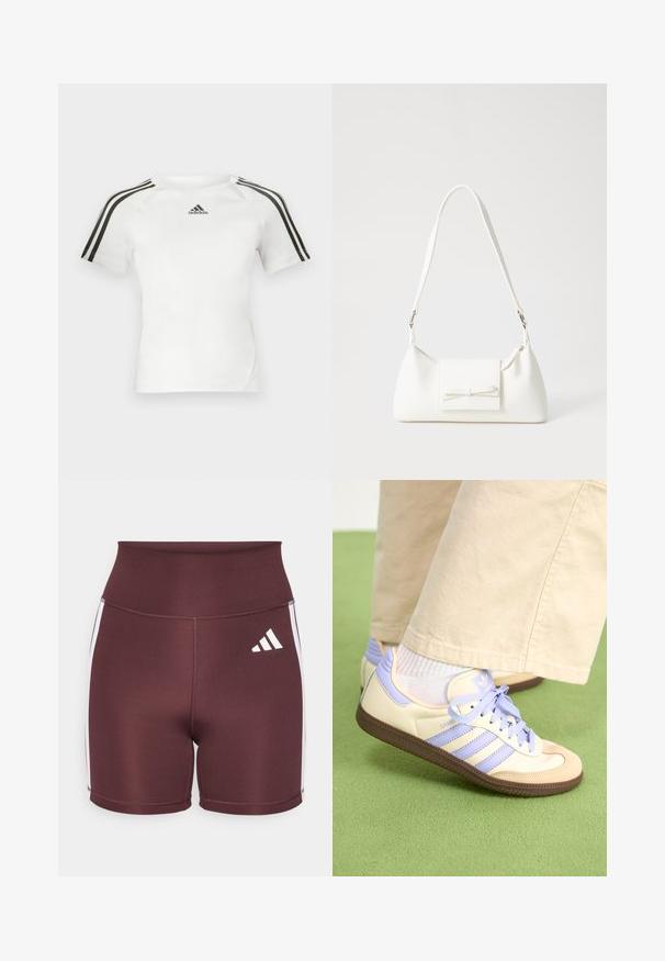 Maglietta atletica bianca a maniche corte con design a tre strisce nere sulle spalle, texture liscia e piccolo logo adidas nero sul petto.; Pantaloni shorts a vita alta color bordeaux realizzati in materiale elasticizzato, con righe laterali bianche e il logo Adidas bianco sul davanti.; Sneakers crema e lavanda con tre strisce e suola marrone texturizzata, dotati di lacci e tallone imbottito. Parte superiore in tessuto morbido.; Borsa sintetica bianca a forma triangolare, con patta anteriore piatta e dettaglio a fiocco, tracolla regolabile, texture liscia e design minimalista.