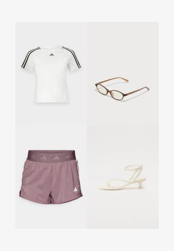 Cămașă sport albă cu mânecă scurtă, cu un design cu trei dungi negre pe umeri, textură netedă și un mic logo adidas negru pe piept.; adidas Performance HYPERGLAM SHORT - Pantaloni scurți sport - shadow fig/white; Sandalie străpunse de culoare fildeș, cu toc bloc jos. Fabricate dintr-un material neted, cu curele subțiri și închidere prin cataramă în jurul gleznei.; Ochelari în nuanță de țestoasă maro, cu lentile ovale, brațe subțiri și accente transparente. Prezintă un logo subtil pe tâmplă. Design elegant și ușor.