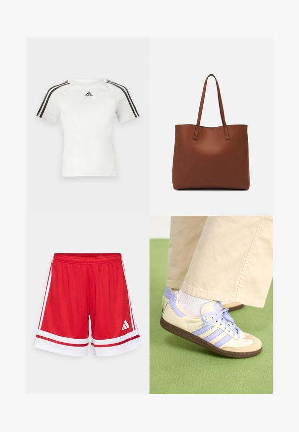 Baltas trumpas rankovės sportinis marškinėlis su juodu trijų juostelių dizainu ant pečių, lygia tekstūra ir mažu juodu adidas logotipu ant krūtinės.; Raudoni sportiniai šortai su elastinga juosmens juosta, baltais šonų kryžiais ir baltais akcentais ant apvado. Įskaičiuota Adidas logotipas baltos spalvos.; Kreminės ir levandų spalvos sportbačiai su trims juostelėmis ir tekstūruota ruda padais, su raišteliais ir paminkštintu kulnu. Minkšta medžiaginė viršutinė dalis.; Ruda odinė priekabų krepšys su glotnia tekstūra, atviru viršumi ir dviem petnešomis. Su minimalia siuvimo detalėmis ir nematoma aparatūra.
