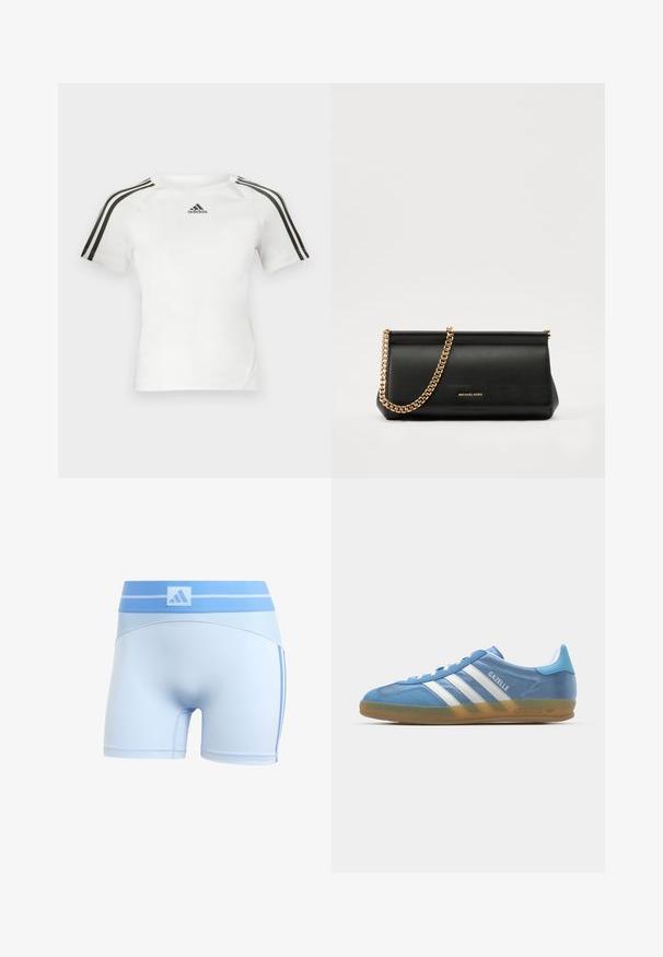 Witte sport shirt met korte mouwen, voorzien van een zwart driekleurig ontwerp op de schouders, een gladde textuur en een klein zwart adidas-logo op de borst.; Lichtblauwe sportshorts met een aansluitend ontwerp. Voorzien van een ribbelachtige tailleband en subtiele zijstrepen in een donkerder blauw.; adidas Originals GAZELLE INDOOR - Sneakers laag - footwear white; Zwarte leren clutch tas met een gouden kettinghengsel, voorzien van een gladde textuur, rechthoekige vorm en reliëfmerk op de voorkant.