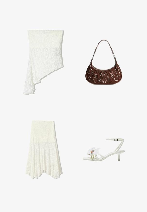 Biała koronkowa chusta o asymetrycznym wzorze, z teksturowanym motywem, miękkim materiałem i swobodnym opadaniem z jednej strony.; Biała koronkowa spódnica z teksturowanym wzorem, z asymetrycznym dołem i zwiewną sylwetką, wykonana z lekkiego materiału.; Białe sandały na obcasie wykonane z fakturowanego materiału, z szerokim kwiatowym akcentem na palcu, cienkimi paskami i średnio wysokim obcasem typu stiletto.; Brązowa zamszowa torba na ramię w kształcie półksiężyca, ozdobiona srebrnymi i złotymi okrągłymi ćwiekami w kwiatowe i okrągłe wzory.