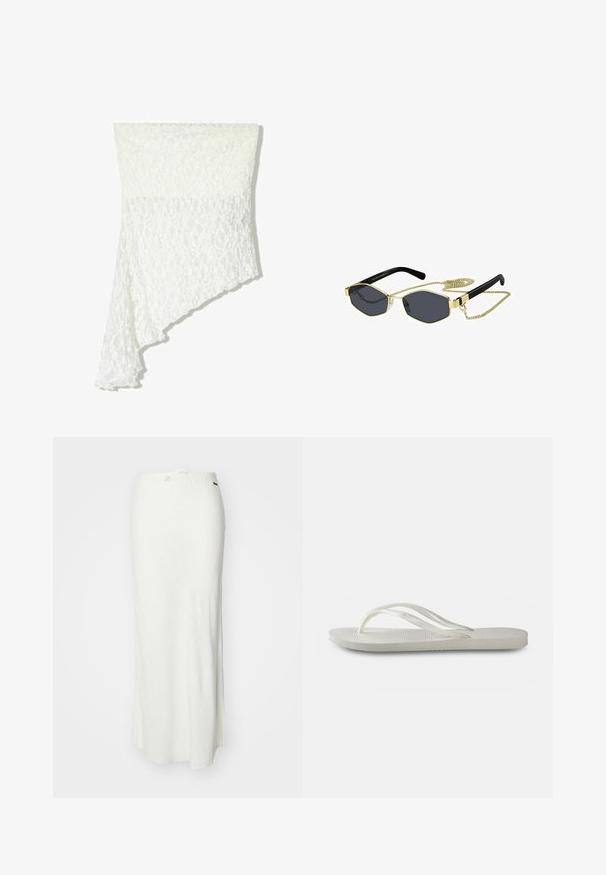 Bela čipkasta šal s asimetričnim dizajnom, ki vključuje teksturiran vzorec, mehko tkanino in tekoč padajoč rob po eni strani.; Bela maxi krila iz lahkega materiala z gladko teksturo, ki ima elastičen pas z vrvico za prilagoditev.; Bela natikača s teksturirano podplatom, koja ima tanke trakice i ravni dizajn. Napravljena od gume s suptilnim logotipom na ulošku.; Oktagonalne sončne naočale s temnimi lečami, zlatimi kovinskimi detajli in črnimi plastičnimi ročaji; vključujejo odstranljivo zlato verigo.