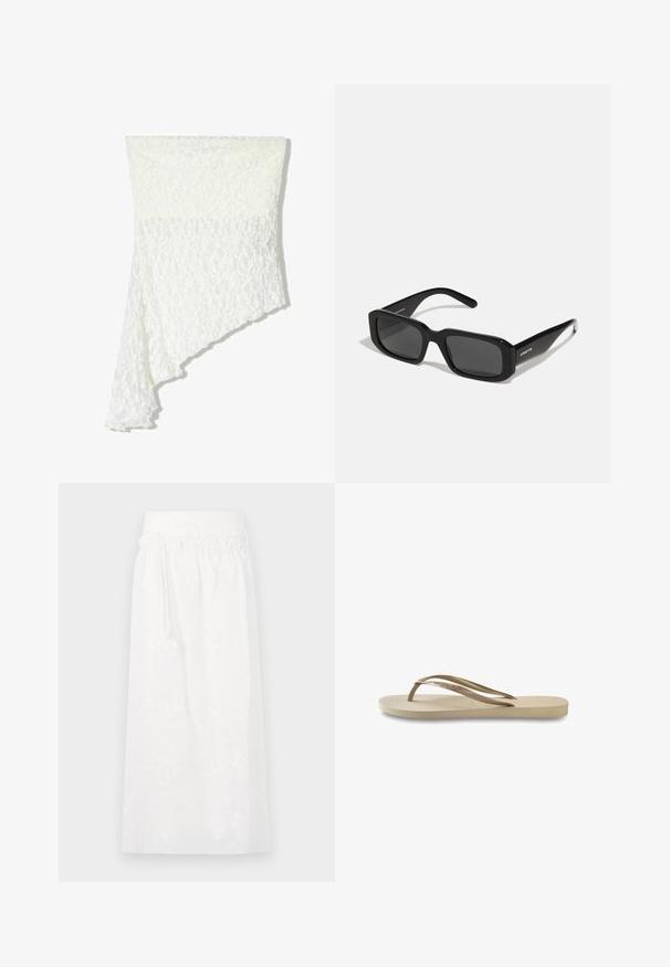 Witte kanten sjaal met een asymmetrisch ontwerp, voorzien van een gestructureerd patroon, zacht materiaal en een vloeiende drape aan één zijde.; Witte maxi-jurk met een elastische tailleband, subtiele bloemstof en een vloeiende uitstraling. Gemaakt van lichtgewicht stof.; Lichtbeige flip-flop met een getextureerde voetbed, platte zool en dunne, glanzende bandjes. Heeft subtiele merkvermelding op het bandje.; Arnette THEKIDD UNISEX - Zonnebril - black; Bruin leren schoudertas met logo-patroon, gouden kettingband, ritsluiting en gouden hardwareaccenten. Compacte en rechthoekige vorm.