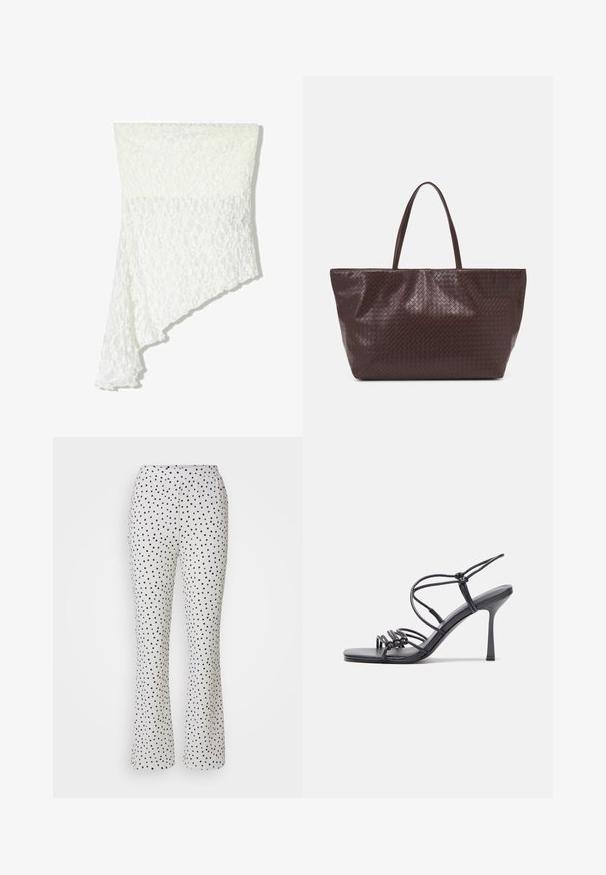 Biely čipkovaný šál s asymetrickým dizajnom, ktorý má textúrovaný vzor, jemnú tkaninu a splývavý strih na jednej strane.; Biele nohavice s čiernymi bodkami, s rozšíreným strihom a elastickým pásom. Vyrobené z ľahkého textúrovaného materiálu.; Čierne sandále na vysokom podpätku majú tenké remienky s uzlovým dizajnom, hladký štvorcový špičku a elegantný stiletto podpätok.; Hnedá tkaná kožená taška cez rameno s dvoma uchami, štruktúrovaným tvarom a textúrovaným povrchom, s diamantom vzorom po celom povrchu.; Strieborné kruhové náušnice s hladkým a lesklým povrchom. Okrúhly tvar, ľahký dizajn, s uzáverom na kolík.