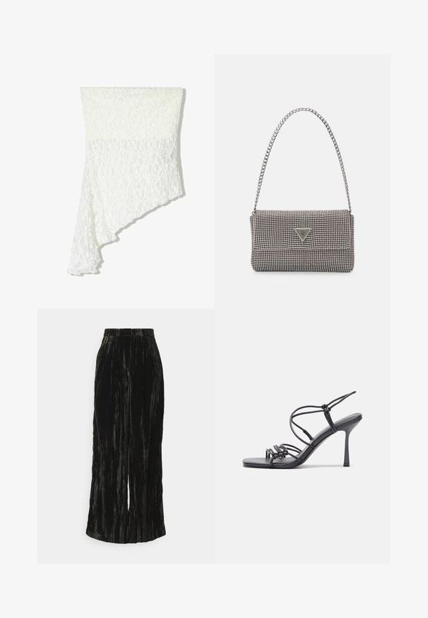 Weißer Spitzen-Schal mit asymmetrischem Design, das ein strukturiertes Muster, weichen Stoff und einen fließenden Fall auf einer Seite bietet.; Schwarze, plissierte, weit geschnittene Hose aus einem strukturierten Stoff, mit vertikalen Streifen und einem Bund ohne sichtbare Beschläge.; Schwarze, hochhackige Sandalen mit dünnen Riemen und einem geknoteten Design, einer glatten, rechteckigen Zehenpartie und einem eleganten Stiletto-Absatz.; Hellegraue metallische Handtasche mit einer Kettenriemen, verziert mit kleinen kreisförmigen metallic Nieten und einem dreieckigen Markenlogo.; Silberne Creolen mit einer glatten, glänzenden Oberfläche. Abgerundete Form, leichtes Design, mit einer Steckverschluss.