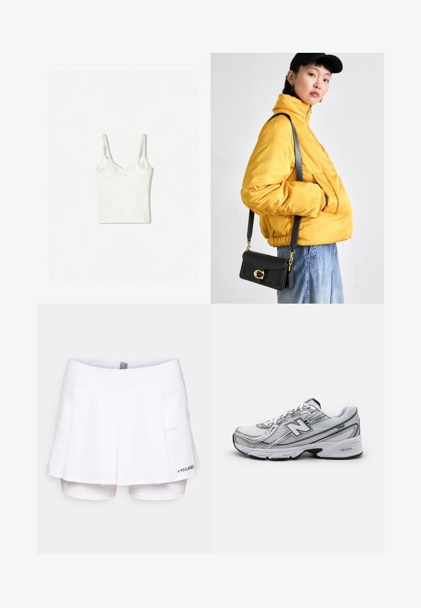 Bershka Top - white; Bela teniška krila z vgrajenimi hlačami, ki imajo teksturirano mrežasto tkanino, naborke ter majhen logotip na desni strani.; Atletski čevlj po meri New Balance s mrežastim zgornjim delom, pretežno bel z sivo in mornarsko modro akcenti, ki vključuje oblazinjen podplat in teksturirane podrobnosti.; Rumena oblazinjena jakna z visokim ovratnikom in sprednjim žepom, v kombinaciji s črno torbico čez ramo z zlatimi dodatki. Priložnostni denim hlače.