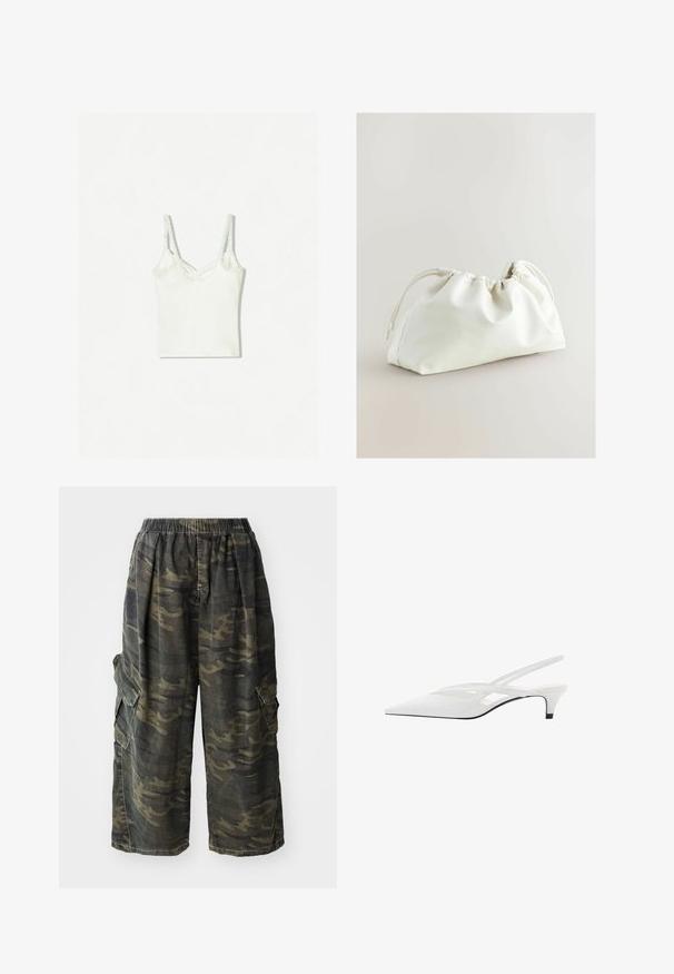 Bershka Top - white; Cargo kalhoty v maskáčovém vzoru, vyrobené z bavlněné směsi. Vybavené elastickým pasem a bočními kapsami se zavíráním na klopu.; Bílé slingback podpatky se špičatou špičkou, s hladkým svrškem, jemnými výřezy a nízkým blokovým podpatkem. Černá podrážka zvýrazňuje design.; Bílá taška z umělé kůže se staženým designem, stahovací šňůrkou a hladkým povrchem. Zakřivený tvar s jemnými záhyby a minimalním kováním.
