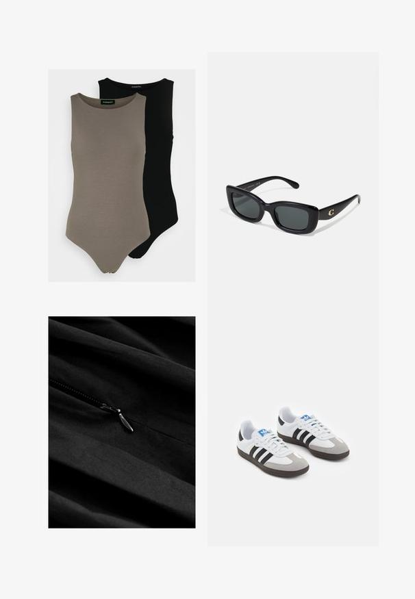 Dvě tílka bez rukávů v olivově zelené a černé barvě. Vyrobena z hladkého materiálu s kulatým výstřihem a vysokým střihem nohavic.; Černá látka s hladkým povrchem a viditelným zipem. Zip má kovový táhlo, které se jemně mísí s tmavým materiálem.; Sportovní boty s bílým koženým svrškem, šedou semišovou špičkou a třemi černými pruhy. Obsahují modré logo na jazyku a texturovanou gumovou podrážku.; Černé obdélníkové sluneční brýle s tmavými skly, vyrobené z hladkého plastu. Na jednom rameni mají zlatý logo akcent.; Černá tkaná taška přes rameno s dvěma držadly, která má texturovaný povrch a obdélníkový tvar. Jednoduchý, jedinečný design bez viditelného kovového příslušenství.