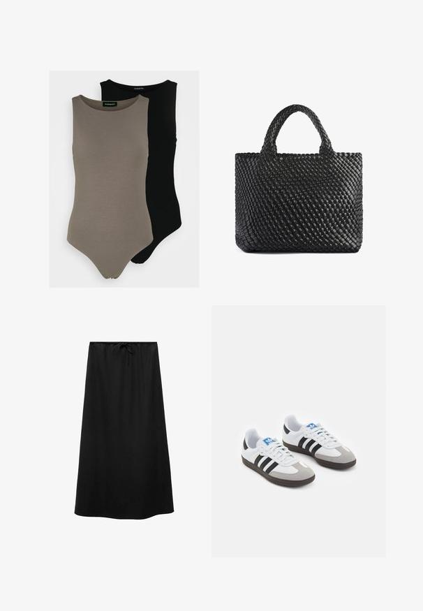 Zwei ärmellose Body Suits in olivgrün und schwarz. Aus glattem Stoff mit rundem Ausschnitt und hohem Beinausschnitt.; Mango Maxirock - black; Sportschuhe mit einem Obermaterial aus weißem Leder, grauer Wildleder-Zehenkappe und drei schwarzen Streifen. Sie verfügen über ein blaues Logo auf der Zunge und eine strukturierte Gummisohle.; Schwarze geflochtene Tragetasche mit zwei Griffen, ausgestattet mit einer strukturierten Oberfläche und rechteckiger Form. Einfaches, einzigartiges Design ohne sichtbare Hardware.