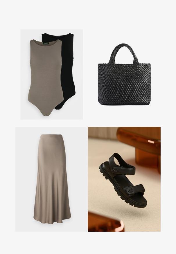 Twee mouwloze bodysuits in olijfgroen en zwart. Gemaakt van een gladde stof met een ronde halslijn en een hoog uitgesneden beenontwerp.; Lange bruine satijnen rok met een gladde textuur, met een vloeiende silhouet en een iets uitlopende zoom. Geen zichtbare hardware of patronen.; Zwarte leren sandaal met twee verstelbare banden, een gestructureerde zool en een gedurfde, robuuste uitstraling. Heeft een logo-accent op de band.; Zwarte geweven tas met twee handvatten, met een gestructureerd oppervlak en een rechthoekige vorm. Eenvoudig, uniek ontwerp zonder zichtbare bevestigingsmiddelen.