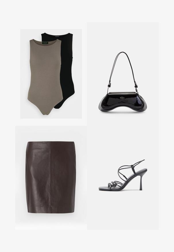 Two sleeveless bodysuits in olive green and black. Made of smooth fabric with a round neckline and a high-cut leg design.; Brown leather skirt with a straight cut, smooth texture, and minimal stitching. Features a mid-length design without embellishments.; Black high-heeled sandals feature thin straps with a knotted design, a smooth square toe, and a sleek stiletto heel.; Diesel PLAY CROSSBODY - Cross body bag - black; Silver hoop earrings with a smooth, shiny finish. Rounded shape, lightweight design, featuring a post-back closure.