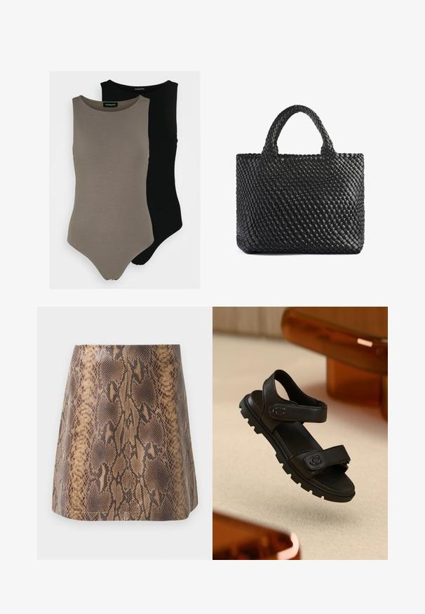 Twee mouwloze bodysuits in olijfgroen en zwart. Gemaakt van een gladde stof met een ronde halslijn en een hoog uitgesneden beenontwerp.; Bruine slangenprint mini rok van faux leer, met een soepele textuur, een aansluitende pasvorm en subtiele naaddetails.; Zwarte leren sandaal met twee verstelbare banden, een gestructureerde zool en een gedurfde, robuuste uitstraling. Heeft een logo-accent op de band.; Zwarte geweven tas met twee handvatten, met een gestructureerd oppervlak en een rechthoekige vorm. Eenvoudig, uniek ontwerp zonder zichtbare bevestigingsmiddelen.