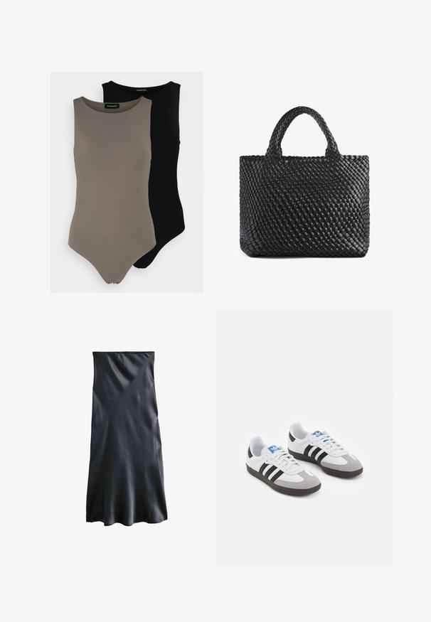 Deux bodysuits sans manches en vert olive et noir. Fabriqués en tissu lisse avec un col rond et un design de jambe à taille haute.; Robe midi en soie noire avec une coupe droite, texture lisse et un léger éclat. Ne présente aucun matériel visible ni motifs.; Baskets avec une tige en cuir blanc, un bout en daim gris et trois bandes noires. Présente un logo bleu sur la languette et une semelle en caoutchouc texturée.; Sac fourre-tout tissé noir avec deux poignées, présentant une surface texturée et une forme rectangulaire. Design simple et unique sans quincaillerie visible.