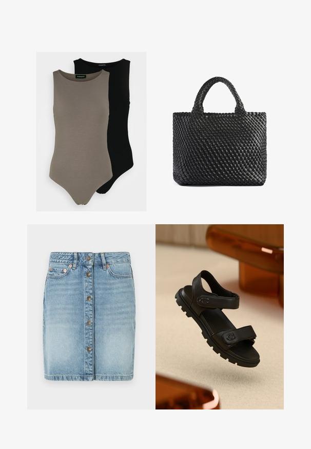 Deux bodysuits sans manches en vert olive et noir. Fabriqués en tissu lisse avec un col rond et un design de jambe à taille haute.; Jupe en denim bleu clair avec un bouton à l'avant, cinq poches et des détails de couture. Présente une coupe droite et une finition légèrement délavée.; Sandale en cuir noir avec deux sangles ajustables, semelle texturée et design audacieux et massif. Présente un accent logo sur la sangle.; Sac fourre-tout tissé noir avec deux poignées, présentant une surface texturée et une forme rectangulaire. Design simple et unique sans quincaillerie visible.