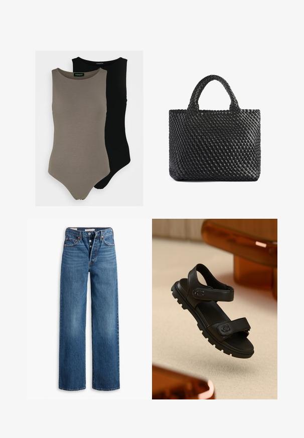 Kaksi hihattomaa bodysuitia oliivinvihreänä ja mustana. Valmistettu sileästä kankaasta, jossa on pyöreä pääntie ja korkea lahkeiden leikkaus.; Siniset farkut, joissa on leveälahkeinen muotoilu, viisi taskua, nappikiinnitys ja erottuva ompelu. Teksturoitu kangas, jossa on haalistunut pinta.; Musta nahkasandaali, jossa on kaksi säädettävää remmiä, teksturoitu pohja ja rohkea, paksu muotoilu. Sisältää logomerkinnän remmissä.; Mustakudottu kassi kahdella kahvalla, jossa on tekstuuri pinta ja suorakulmainen muoto. Yksinkertainen, ainutlaatuinen muotoilu ilman näkyvää metalliosaa.