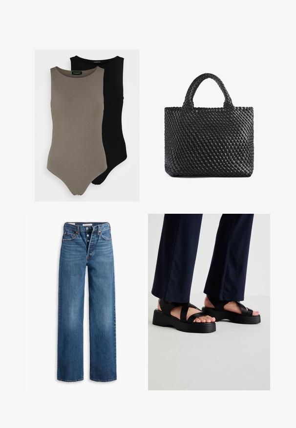 Zwei ärmellose Body Suits in olivgrün und schwarz. Aus glattem Stoff mit rundem Ausschnitt und hohem Beinausschnitt.; Blaue Denim-Jeans mit weitem Bein, fünf Taschen, Knopfverschluss und kontrastierenden Nähten. Strukturierter Stoff mit einem verblassten Finish.; Schwarze Plattformsandalen mit breiten, gekreuzten Riemen und einer dicken Sohle. Das Obermaterial besteht aus glattem Material und hat ein offenes Zehen-Design.; Schwarze geflochtene Tragetasche mit zwei Griffen, ausgestattet mit einer strukturierten Oberfläche und rechteckiger Form. Einfaches, einzigartiges Design ohne sichtbare Hardware.