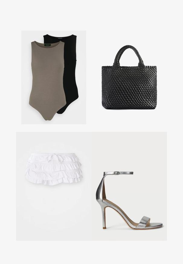 Divi bezplecu bodijsu komplekts olīvu zaļā un melnā krāsā. Izgatavoti no gludas auduma ar apaļu izgriezumu un augstu kāju griezumu.; Balta viļņota peldsvārku svārki ar vairākiem slāņiem, aprīkota ar regulējamu auklu viduklī. Mīksts audums ar gludu tekstūru.; Sudraba augstpapēžu sandales ar šauru pirkstu siksniņu, potītes siksniņu ar sprādzi, elegantu dizainu un gludu metālisku tekstūru.; Melna austu iepirkumu soma ar divām rokturiem, ar teksturētu virsmu un taisnstūrveida formu. Vienkāršs, unikāls dizains bez redzamiem stiprinājumiem.; Zeltainas sfēriskas auskaru pušķis ar mirdzošu, atstarojošu virsmu. Dizains ir vienkāršs un gluds, radot modernu, minimālistisku izskatu.