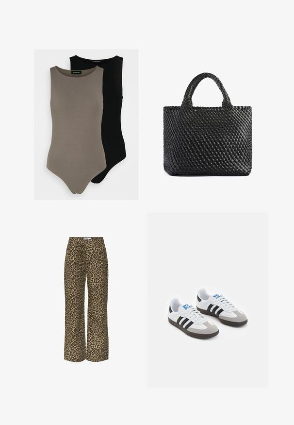 Du chambray beždžioninių bodysuit'ų, vienas alyvuogių žalios, kitas juodas. Pagaminti iš glotnaus audinio su apvaliu iškirpimu ir aukštu kirpimu ant kojų.; Tigrinės plačios kojos kelnės rudos ir juodos spalvos, su mygtukų uždarymu, dviem priekinėmis kišenėmis ir vidutinio aukščio juosmeniu. Minkšta audinio tekstūra.; Sportiniai batai su balta odine viršutine dalimi, pilku zomšiniu priekiu ir trimis juodomis juostelėmis. Ant liežuvio yra mėlynas logotipas, o padas pagamintas iš tekstūruoto gumos.; Juoda austa rankinė su dviem rankenomis, turinti tekstūruotą paviršių ir stačiakampio formą. Paprastas, unikalus dizainas be matomų detalių.