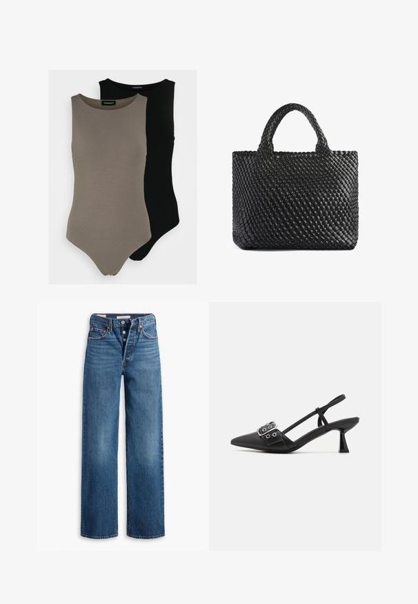 Divi bezplecu bodijsu komplekts olīvu zaļā un melnā krāsā. Izgatavoti no gludas auduma ar apaļu izgriezumu un augstu kāju griezumu.; Zilas džinsu bikses ar plaša kāju dizainu, piecām kabatām, pogu aizdari un kontrastējošu šuvumu. Tekstūras audums ar nolietotu apdari.; Simmi London DALA - Klasiski papēži - black; Melna austu iepirkumu soma ar divām rokturiem, ar teksturētu virsmu un taisnstūrveida formu. Vienkāršs, unikāls dizains bez redzamiem stiprinājumiem.