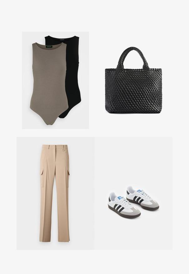 Két ujjatlan bodyn, olajzöld és fekete színben. Simított anyagból készültek, kerek nyakkivágással és magasabb lábképpel.; Beige tehernadrág két oldalzsebbel, lapos elülső résszel és négyzet alakú fém díszítéssel a derékrészen. Simább, könnyű anyagból készült.; Fehér bőr felsőrészes sportcipő, szürke velúrból készült orral és három fekete csíkkal. Jellemzője a kék logó a nyelvén és egy texturált gumitalp.; Fekete szőtt nagy táska két fogantyúval, amelynek texturált felülete és téglalap alakja van. Egyszerű, egyedi dizájn, látható hardver nélkül.