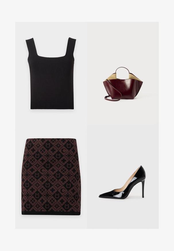 Zwart topje met vierkante hals gemaakt van gladde stof. Heeft brede bandjes en een nauwsluitende silhoutte met een nette zoom. Geen zichtbare patronen.; Gebreide rok met een geometrisch zwart en bruin patroon met verschillende symbolen, een aansluitende vorm en een zwarte tailleband aan de zoom.; Zwarte lakleren hoge hakpumps met een puntige neus en een slanke silhouet. Heeft een gladde, glanzende afwerking en een slanke stilettohak.; Bordeaux leren handtas met een gestructureerde vorm, voorzien van een korte handgreep, een lange schouderriem en een contrasterende beige binnenkant.