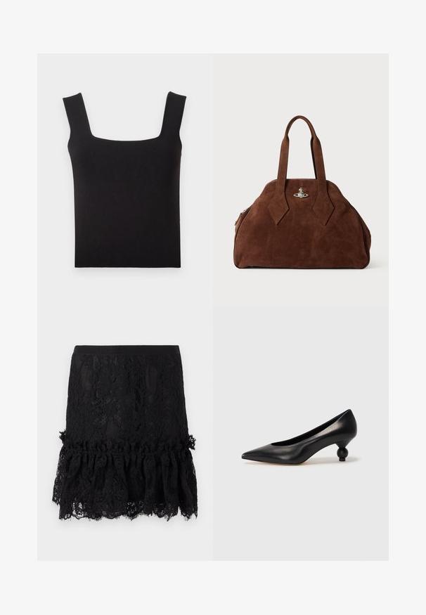 Top in tessuto liscio con scollo quadrato nero. Presenta spalline larghe e una silhouette aderente con orlo pulito. Senza motivi visibili.; Gonna nera in pizzo con un top strutturato, caratterizzata da un orlo in pizzo arricciato. Il tessuto presenta motivi floreali e una vita liscia.; Scarpa con tacco alto in pelle nera, con punta affilata e tacco arrotondato e bombato. Texture liscia con un design elegante e minimalista.; Borsa in suede marrone con una forma strutturata, corpo arrotondato e manici a forma di diamante allungati. Presenta una chiusura in metallo argentato.
