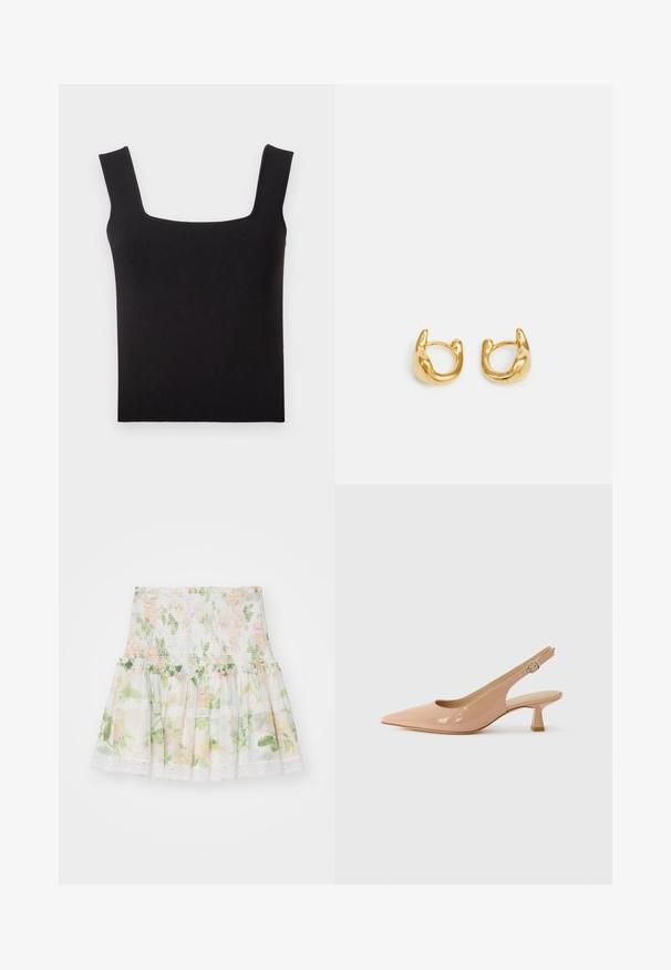 Sort top med firkantet halsudskæring lavet af glat stof. Har brede stropper og en tætsiddende silhuet med en ren kant. Ingen synlige mønstre.; Blomstermønstret nederdel lavet af letvægtsstof. Har en smocked talje, bølget kant og blonde detaljer. Farverne inkluderer pink, grøn og hvid.; Patenterede slingback-sko i lyserød, med spids tå, lav blokhæl og en justerbar rem med detalje i cirkulært spænde.; Guldøreringe med en glat, rundet design og poleret overflade. Øreringene har en kompakt, kraftig form og en sømløs lås.