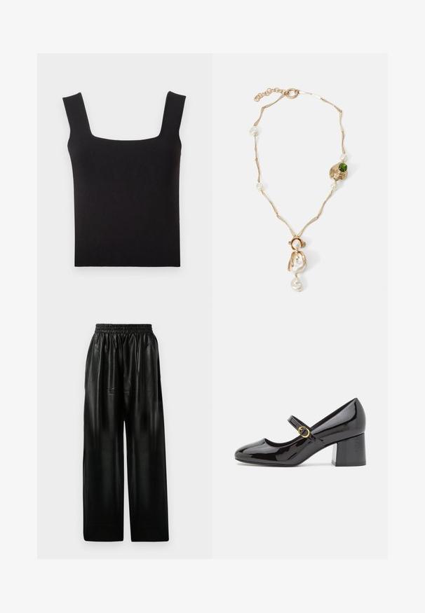 Top de alças largas com decote quadrado, feito de tecido suave. Apresenta alças largas e uma silhueta ajustada com uma bainha limpa. Sem padrões visíveis.; Calças largas de couro preto com cintura elástica, apresentando dois bolsos laterais e uma textura suave e brilhante.; Stuart Weitzman STUART - Saltos clássicos - black; Colar em tom de ouro com elos torcidos, pérolas brancas e um detalhe em pedra verde. Apresenta detalhes intrincados e um fecho para encerramento.