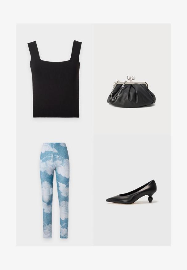 Top in tessuto liscio con scollo quadrato nero. Presenta spalline larghe e una silhouette aderente con orlo pulito. Senza motivi visibili.; Leggings con uno sfondo in denim blu e motivi di nuvole bianche. Il tessuto sembra elasticizzato, con un design aderente e lunghezza alla caviglia.; Scarpa con tacco alto in pelle nera, con punta affilata e tacco arrotondato e bombato. Texture liscia con un design elegante e minimalista.; Clutch in pelle nera con texture arricciata, cornice in metallo color argento, chiusura a scatto e tracolla a catena. Superficie liscia e morbida.
