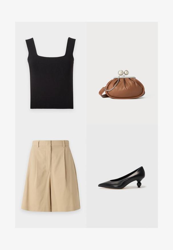 Schwarzes Tanktop mit quadratischem Ausschnitt aus glattem Stoff. Verfügt über breite Träger und eine figurbetonte Silhouette mit einem sauberen Saum. Keine sichtbaren Muster.; Beige Falten Shorts mit hoher Taille, ausgestattet mit einer glatten Textur und ohne sichtbare Verschlüsse, entworfen für eine saubere Silhouette.; Schwarze Leder-Pumps mit spitzem Zehenbereich und runder, ballförmiger Ferse. Glatte Textur mit einem eleganten, minimalistischen Design.; Braune Leder-Clutch mit silbernem Kugelverschluss und einem kleinen silbernen Kettendetail auf weißem Hintergrund.